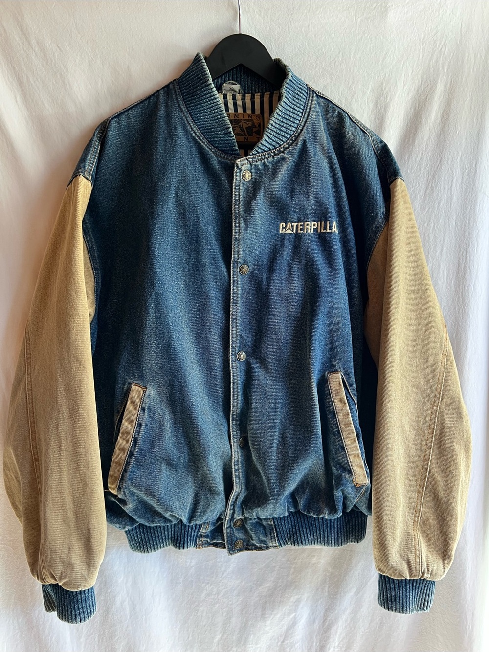 Vintage Caterpillar Denim Varsity Jacket Mens L Workwear CAT Snap Front - Picture 1 of 12